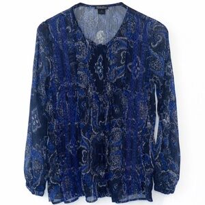 Lucky Brand Women's Blue/Black Paisley Print Long Sleeve Blouse, sz Small